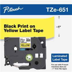 CINTA LAMINADA BROTHER TZE651 AMARILLO Y NEGRO 24 MM DE ANCHO X 8 METROS DE LARGO.